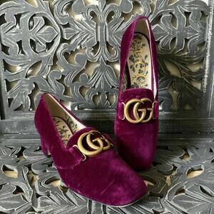 Authentic Gucci Velvet GG Victoire Block Heel Loafer Pumps 38.5 Fucsia